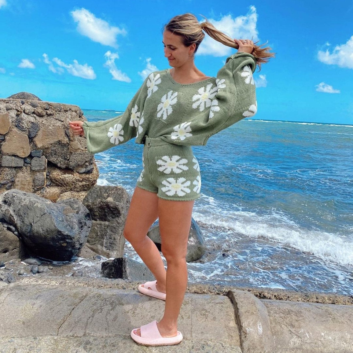 Women'S Fashion Casual Colorful Flower Sweater Knit Suit