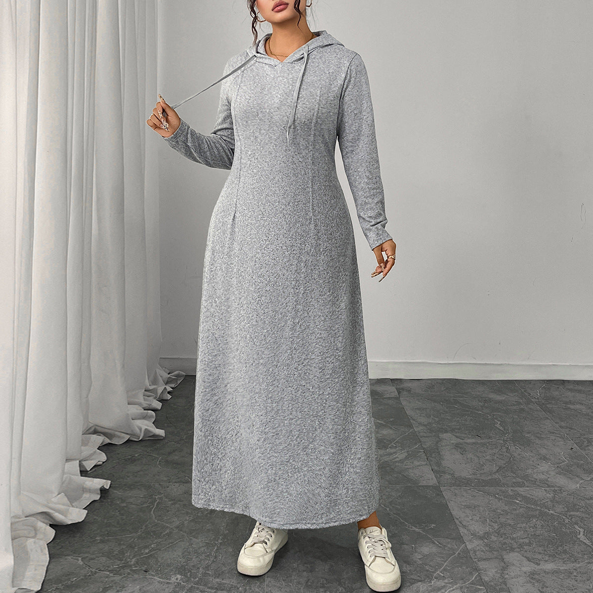 Hooded Gray Dress Elegant Long Sleeve A-Line Dress
