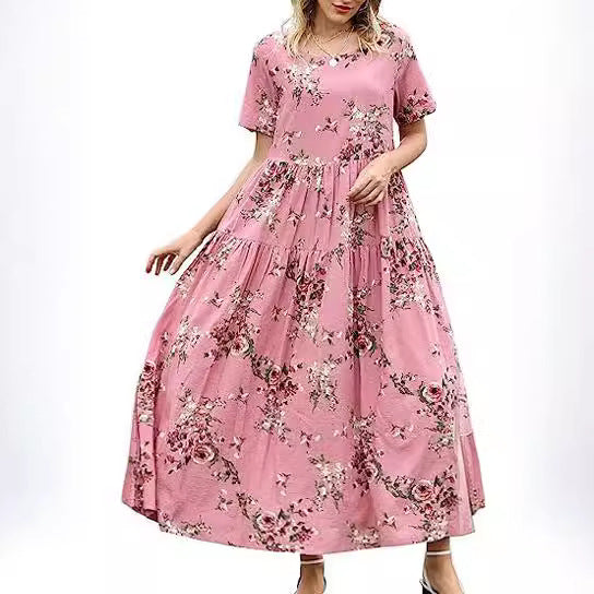 Summer Beach Medium And Long Dress Comfortable Pleated Dress Casual Loose Floral Dress