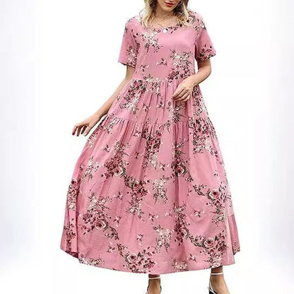 Summer Beach Medium And Long Dress Comfortable Pleated Dress Casual Loose Floral Dress