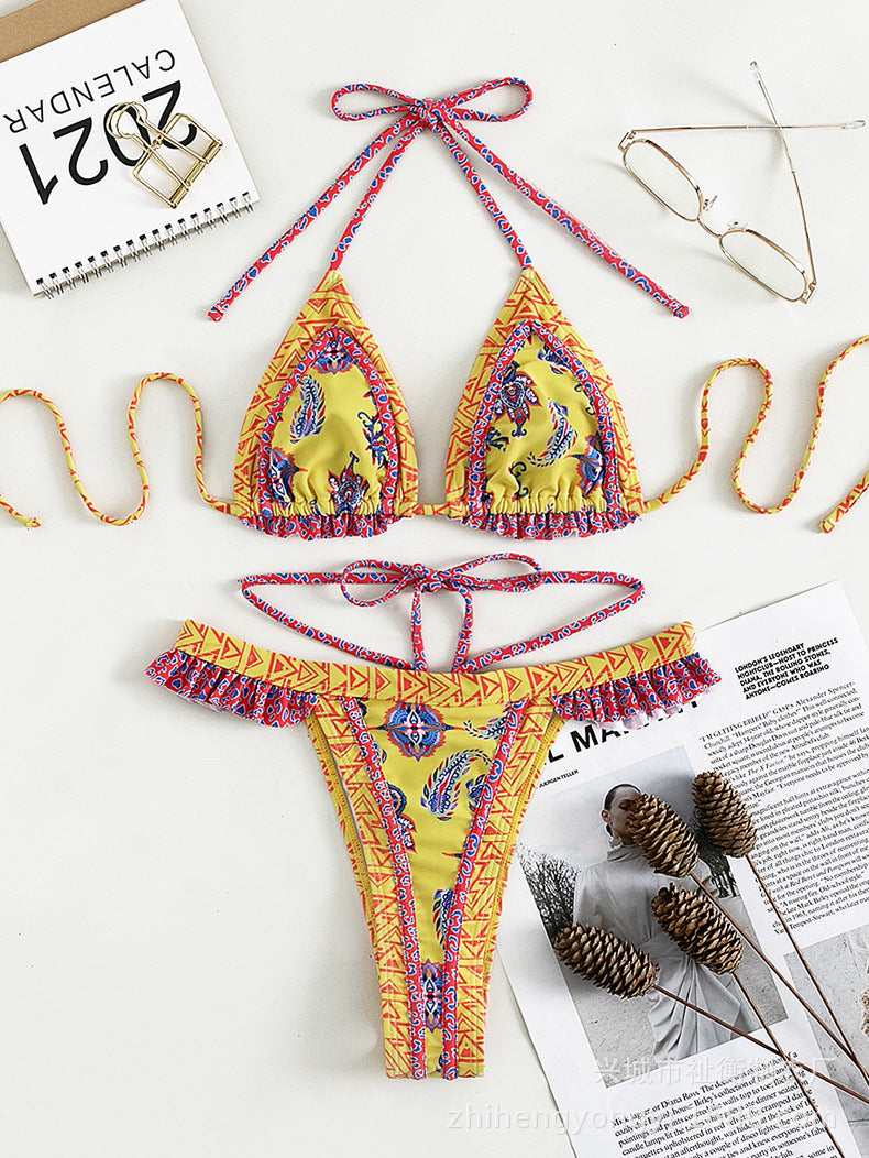 Halter Swimsuit Yellow Tie Bikini Three Point Swimsuit