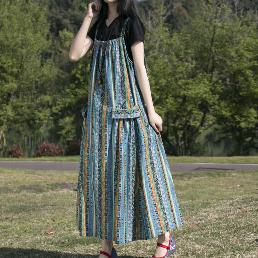 Spring And Autumn Ethnic Style Printed Cotton Hemp Strap Dress Loose Swing Large Pocket Long Dress