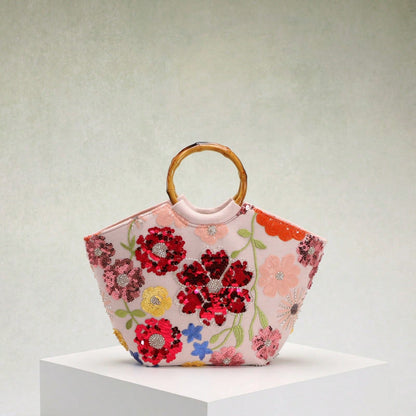 Elegant Floral Sequin Tote Bag With Bamboo Handle