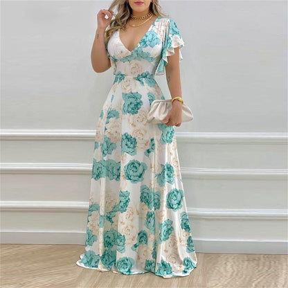 Casual Floral Maxi Dress With V-Neck & Flared Design