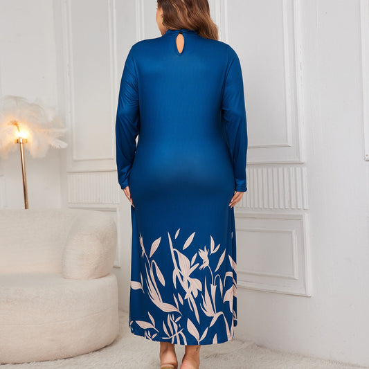 Trendy Floral Print Plus Size High Neck Long Sleeve Asymmetrical Dress