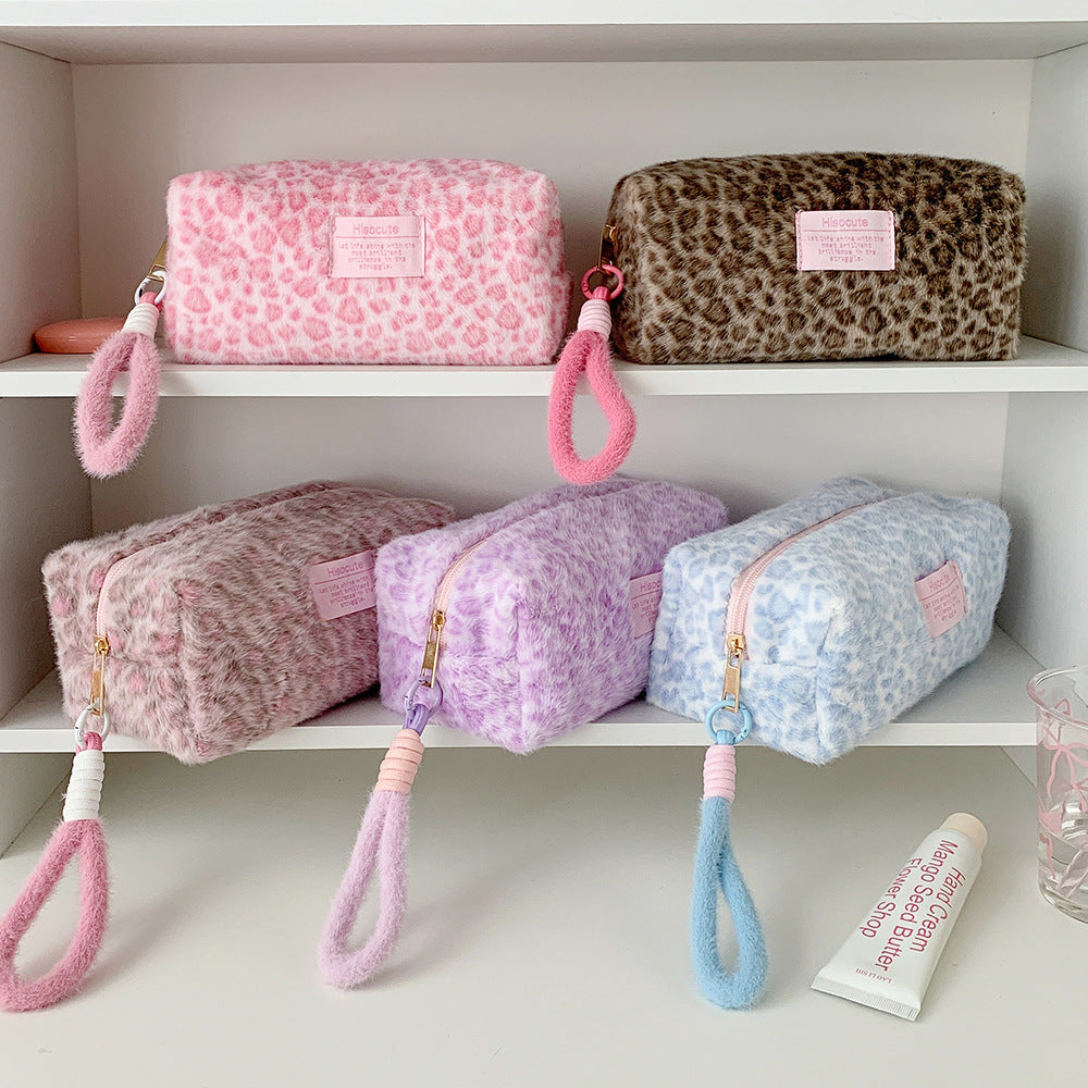 Cute Fuzzy Leopard Print Portable Makeup Bag