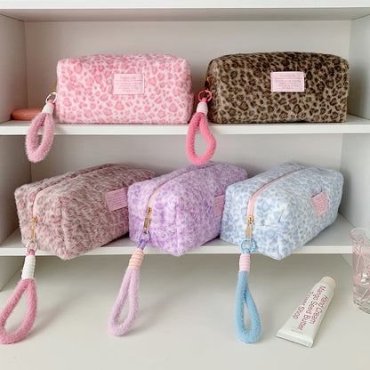 Cute Fuzzy Leopard Print Portable Makeup Bag