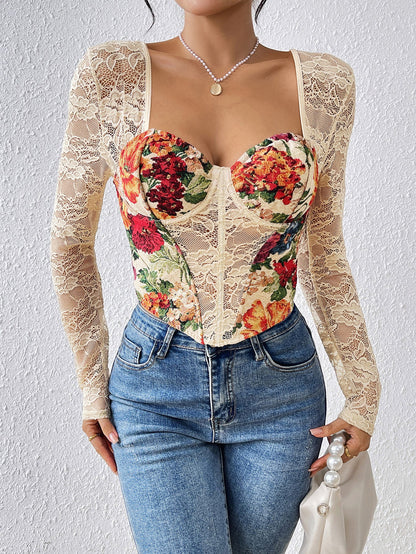 Vintage French Style Sexy Lace Insert Long Sleeve Top