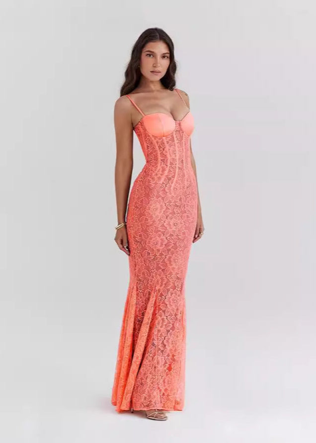 Sheer Lace Bustier Gown With Coral Hue