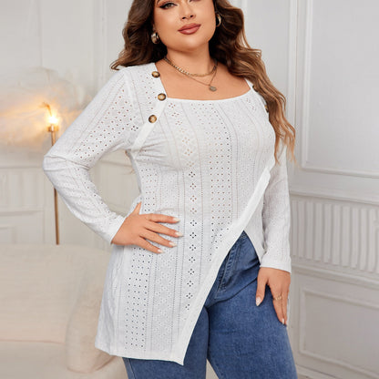 White Long Sleeve Square Neck Blouse Casual Plus Size Tunic