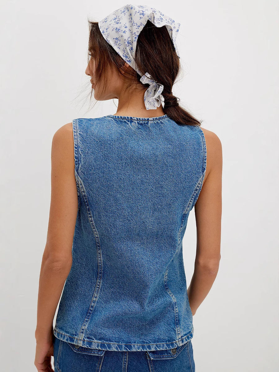 Trendy Casual Slim Fit Button Down Denim Sleeveless Top