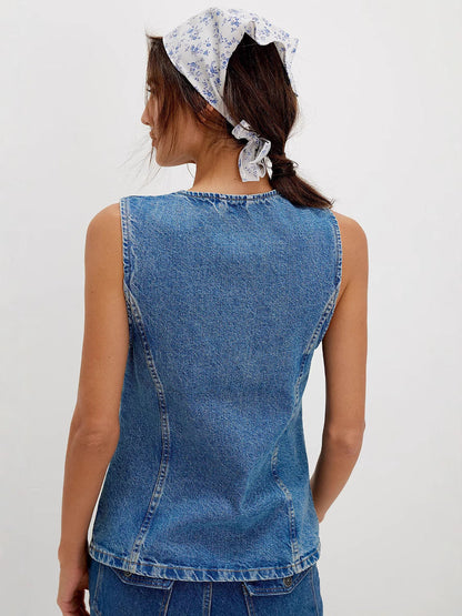 Trendy Casual Slim Fit Button Down Denim Sleeveless Top