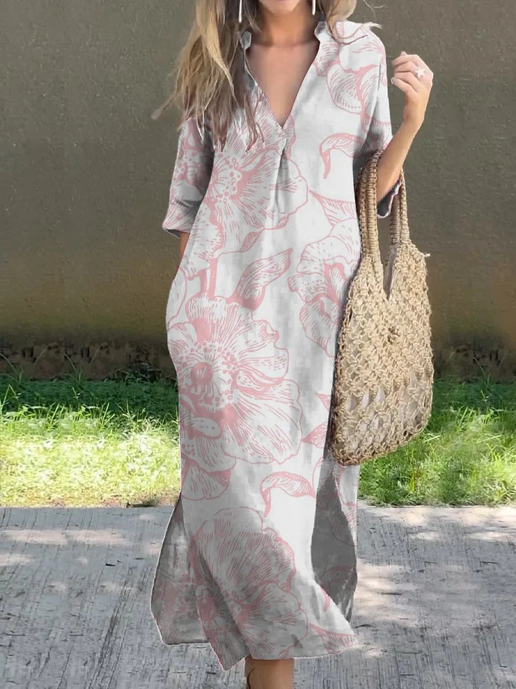 New Casual Summer Loose Skirt Slit V-Neck Print Imitation Hemp Dress Cotton