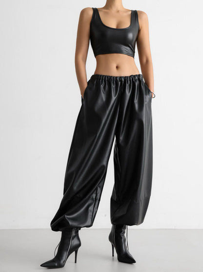 Wide Leg PU Leather Pants with Drawstring for Women