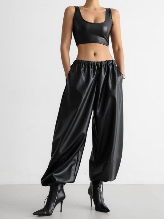Wide Leg PU Leather Pants with Drawstring for Women