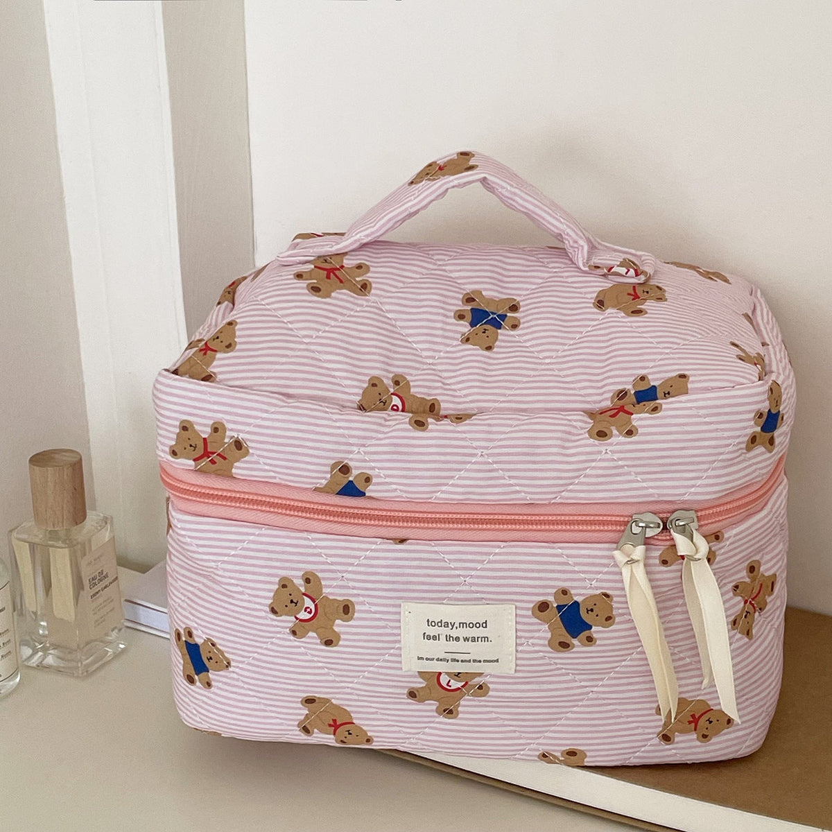 Cute Pink Striped Bear Makeup Bag Portable Cartoon Toiletry Pouch