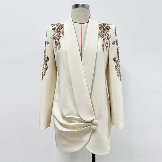 Fashionable Elegant Beaded Mini Dress With Mandarin Collar
