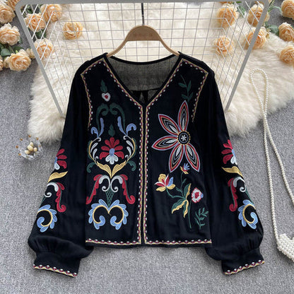 Retro Heavy Industry Embroidered Top Women'S Spring And Autumn New V-Neck Loose Lantern Sleeves Ethnic Style Cotton And Linen Shirt