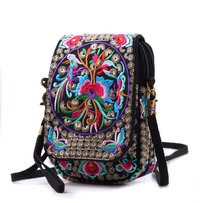 Colorful Cloud Emblem Embroidery Zero Wallet Large Screen Mobile Phone Bag Women'S Crossbody Bag Small Handbag Mini Embroidery Retro Bag