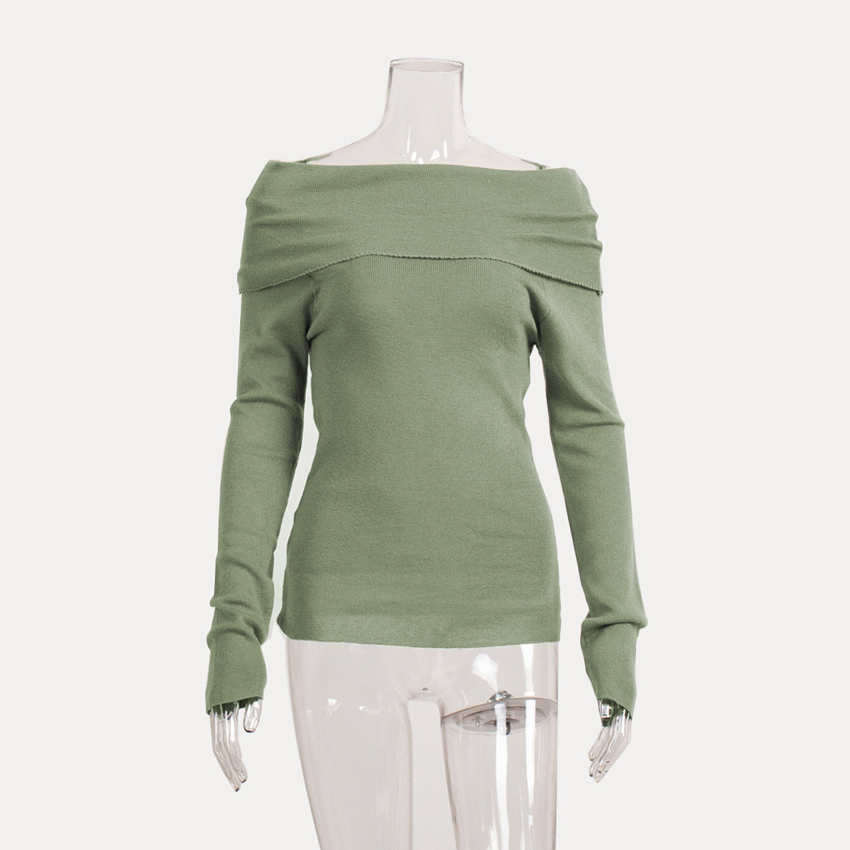Off-Shoulder Knitted Top Slim Fit Solid Color Long Sleeve Pullover