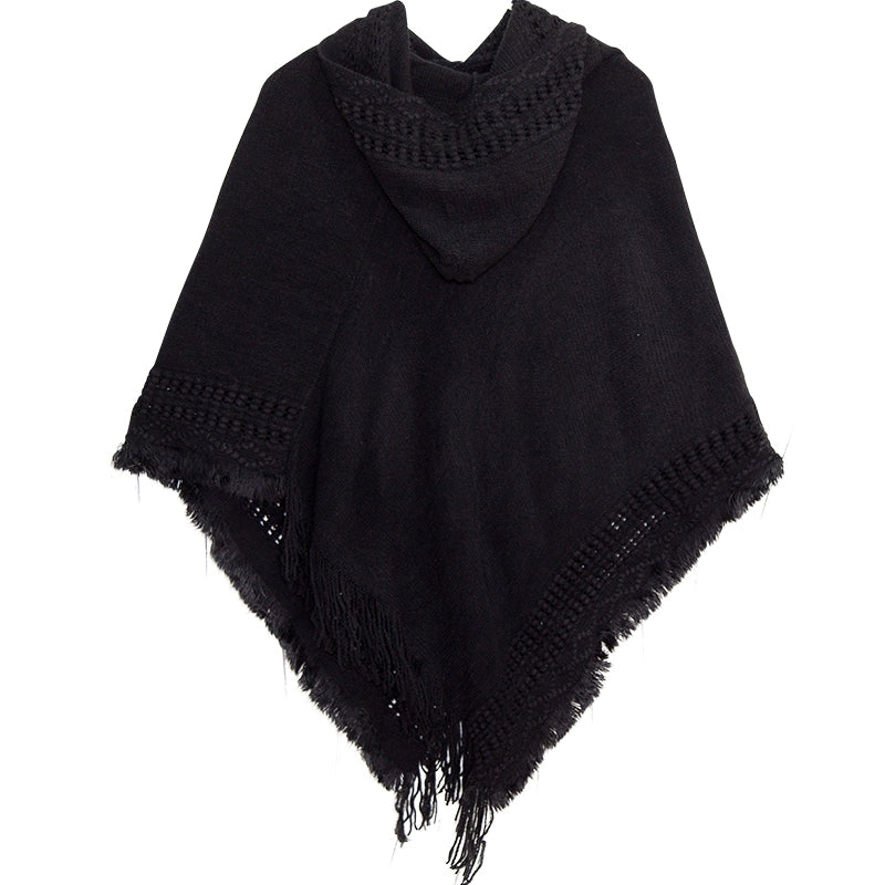 Summer Solid Color Hooded Shawl Women'S Knitting Outside With Spring And Autumn Travel Tassel Pullover Hooded Cape Shawl