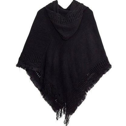 Summer Solid Color Hooded Shawl Women'S Knitting Outside With Spring And Autumn Travel Tassel Pullover Hooded Cape Shawl