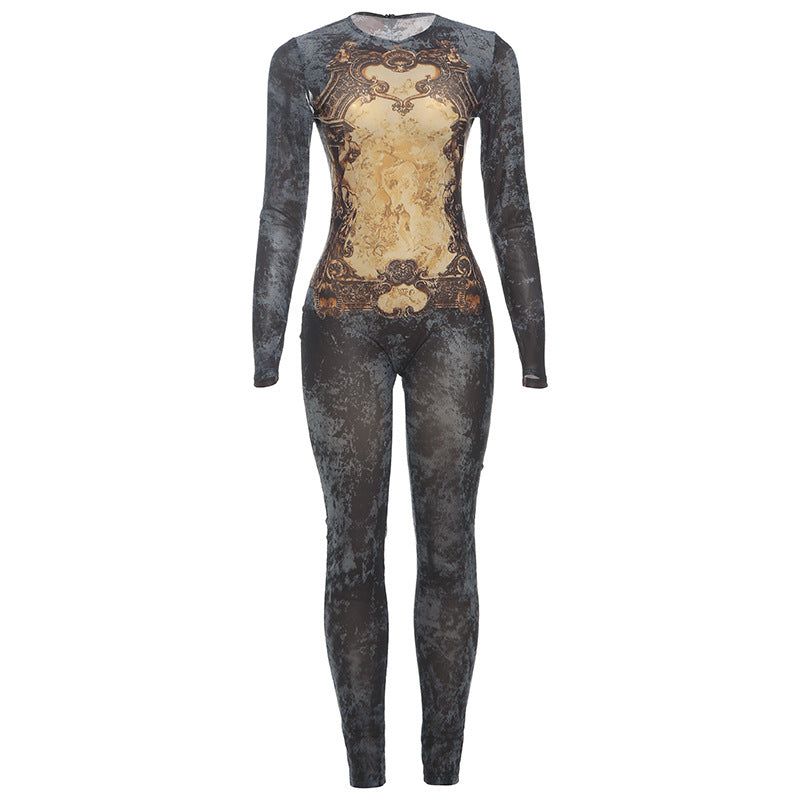Sexy High-Waisted Floral Mesh Bodysuit With Long Sleeves