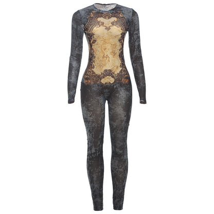 Sexy High-Waisted Floral Mesh Bodysuit With Long Sleeves