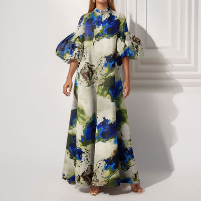 Elegant Floral Print Puff Sleeve Maxi Dress