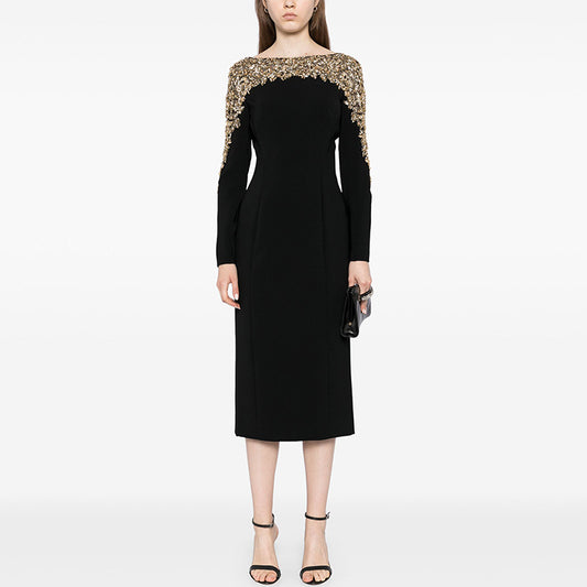 New Fashion V-Neck Midi Dress With Beaded Details