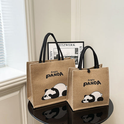 Portable Panda Canvas Tote Bag Cute Retro Shopping Bag