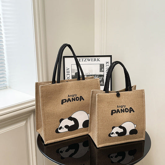 Portable Panda Canvas Tote Bag Cute Retro Shopping Bag