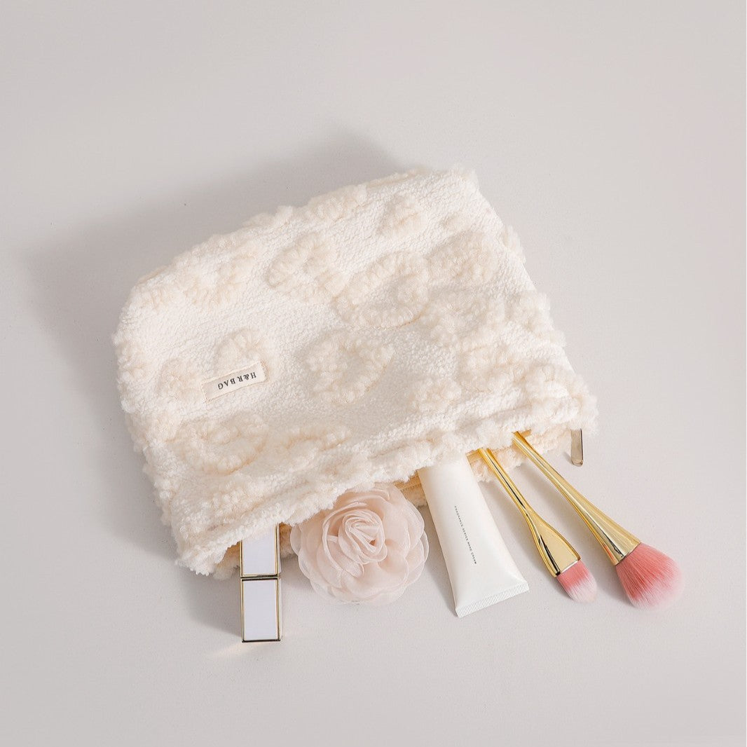 White Plushed Love Jacquard Make Up Bag