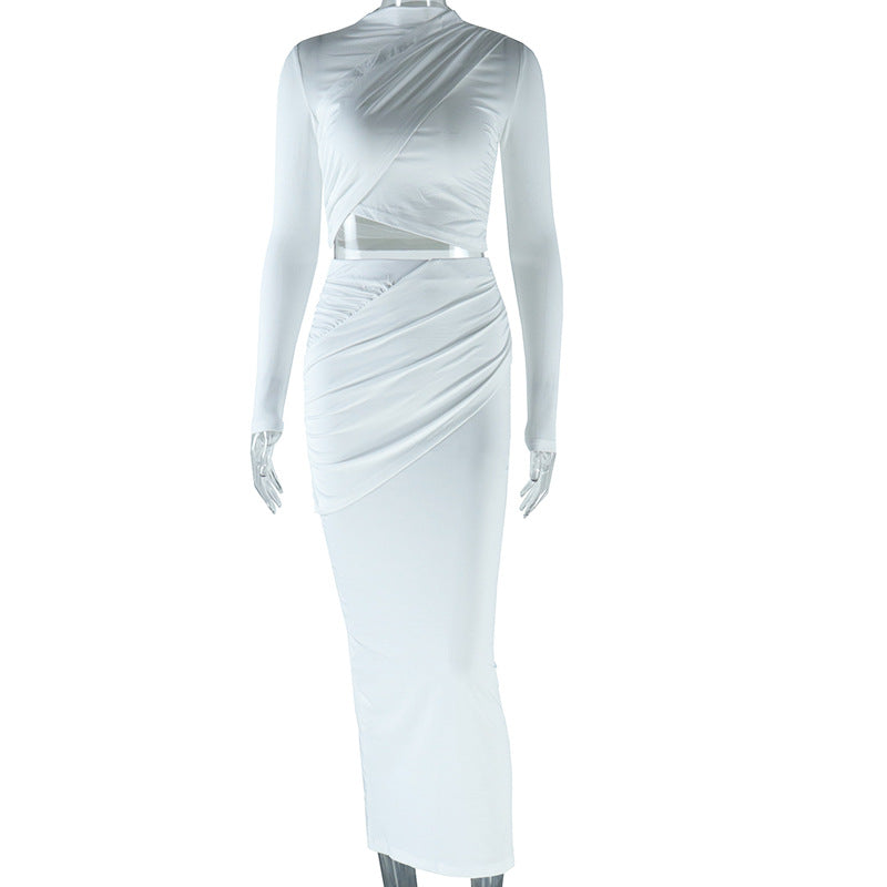 Trendy Casual Long Sleeve Crop Top And Midi Skirt Set