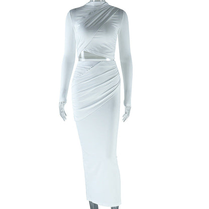 Trendy Casual Long Sleeve Crop Top And Midi Skirt Set