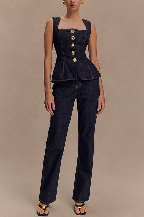 Modern Flavored Button High-Waist Denim Top and Pants Set