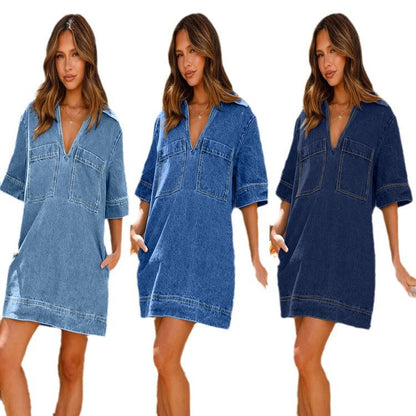 Casual V-Neck Short Sleeve Denim Dress with Pockets