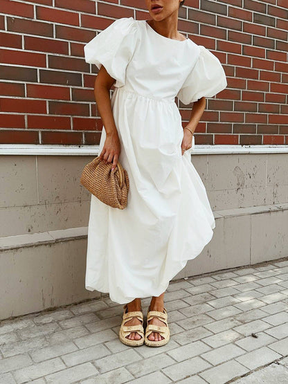 Cotton Puff Sleeve A-Line Dress Casual Solid Color