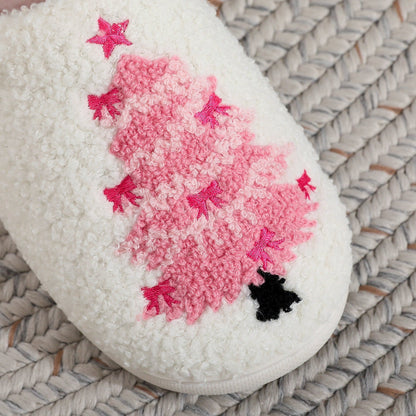 Pink Christmas Tree Print Plush Winter Slippers