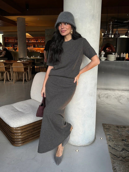 Casual Short Sleeve Knit Skirt Set