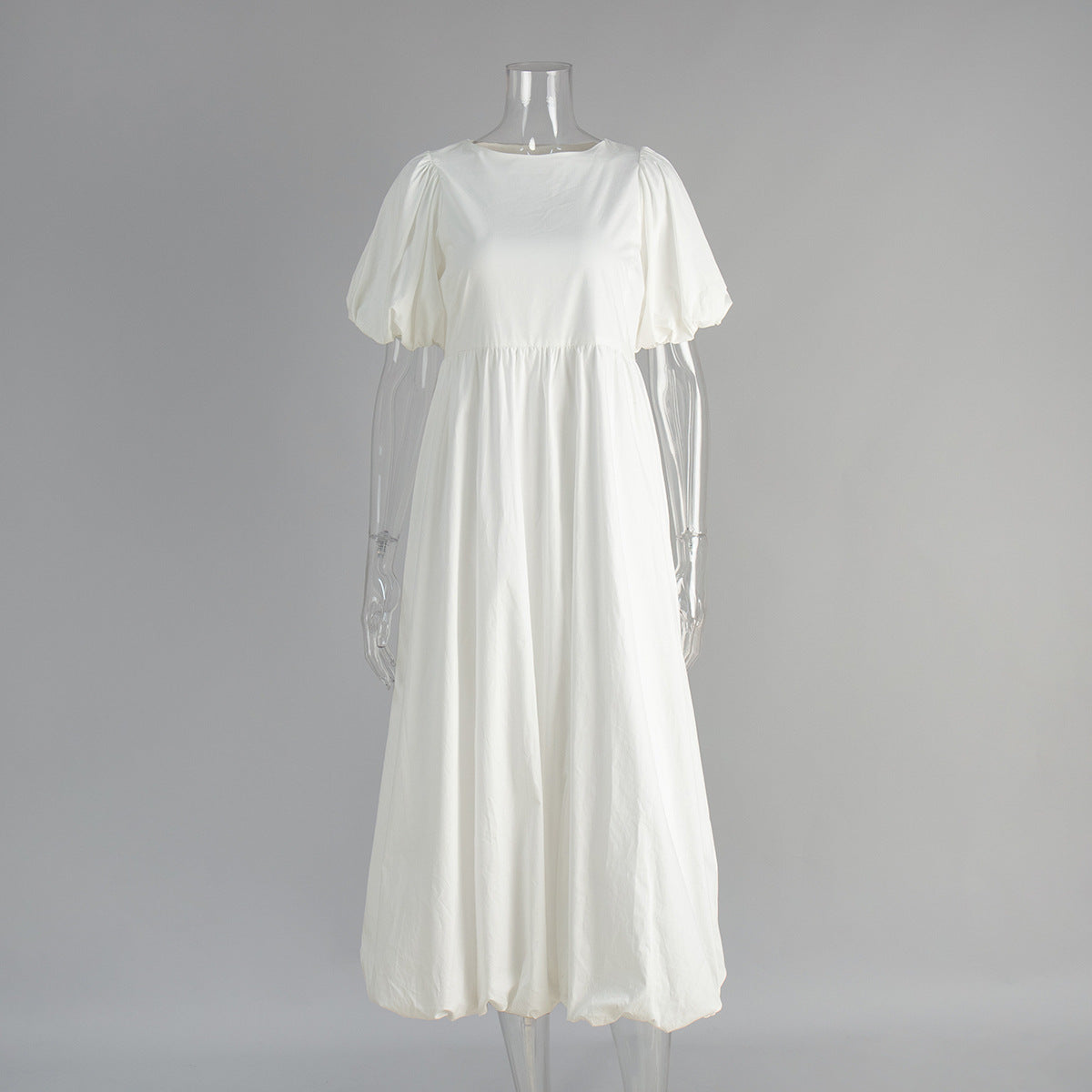 Cotton Puff Sleeve A-Line Dress Casual Solid Color