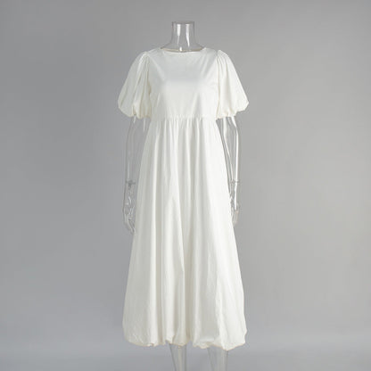 Cotton Puff Sleeve A-Line Dress Casual Solid Color