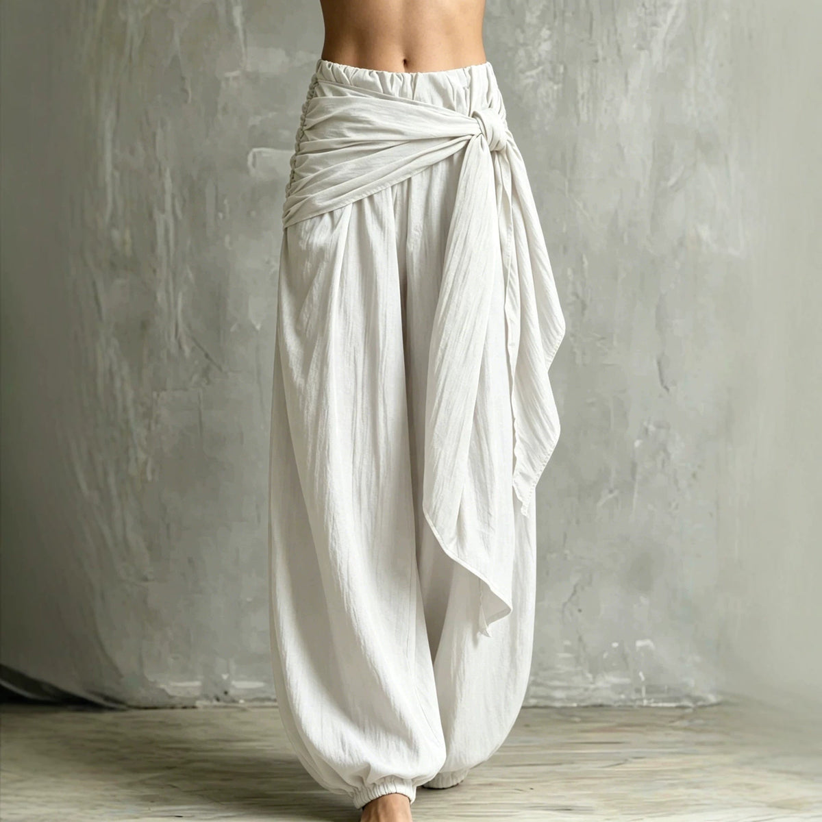 Vintage Wrap Tie Harem Pants, Loose Crinkle Cotton Linen Jogger Trousers