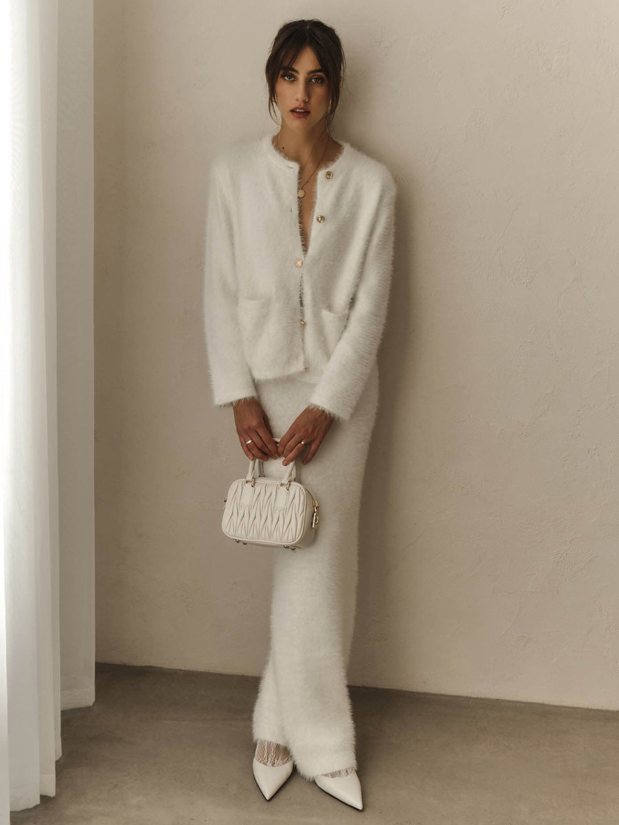 Elegant Long Sleeve Cardigan And Skirt Set - White