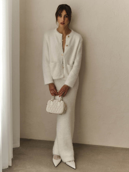 Elegant Long Sleeve Cardigan And Skirt Set - White