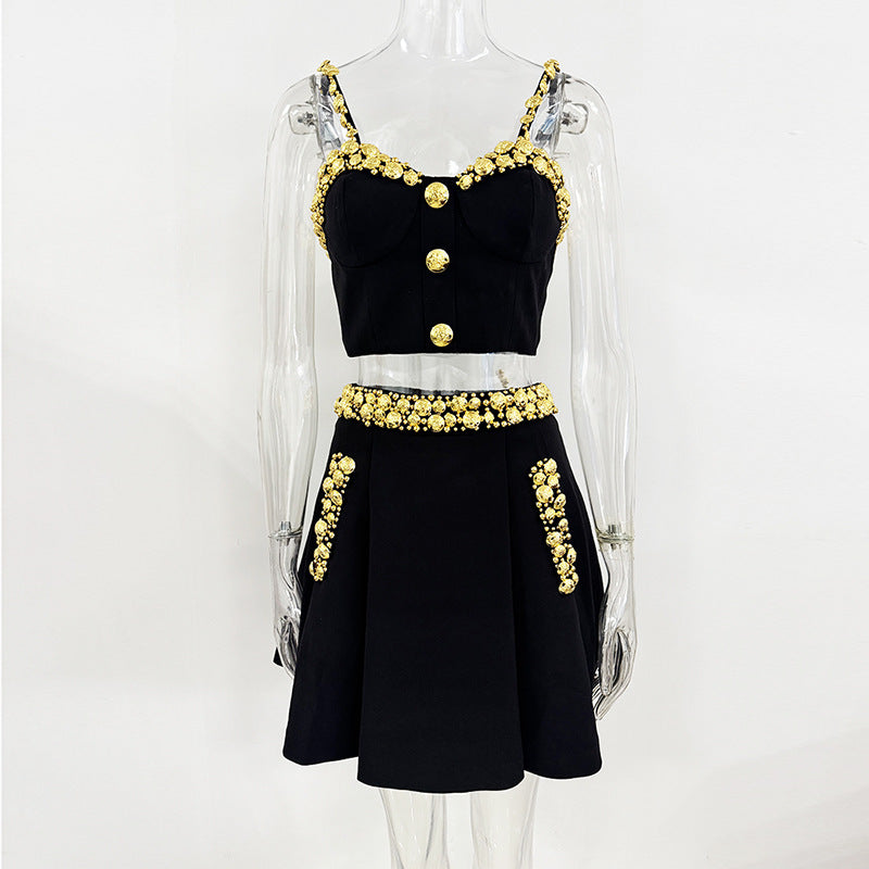 Fashionable Gold Button Decorated Cami Top And Maxi Skirt Set