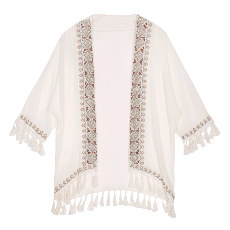 Ethnic Style Embroidery Bohemian Tassel Cardigan, Elegant And Super Immortal Sun Protection Shirt, Beach Outerwear, Loose And Thin Jacket