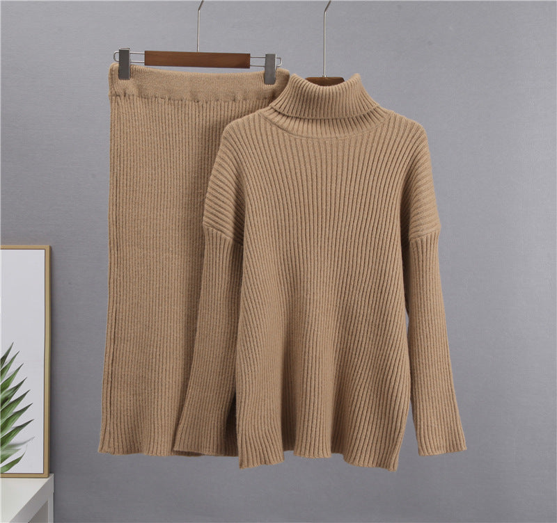 Ribbed Knit Turtleneck Sweater Midi Skirt Set