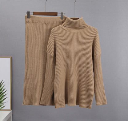 Ribbed Knit Turtleneck Sweater Midi Skirt Set
