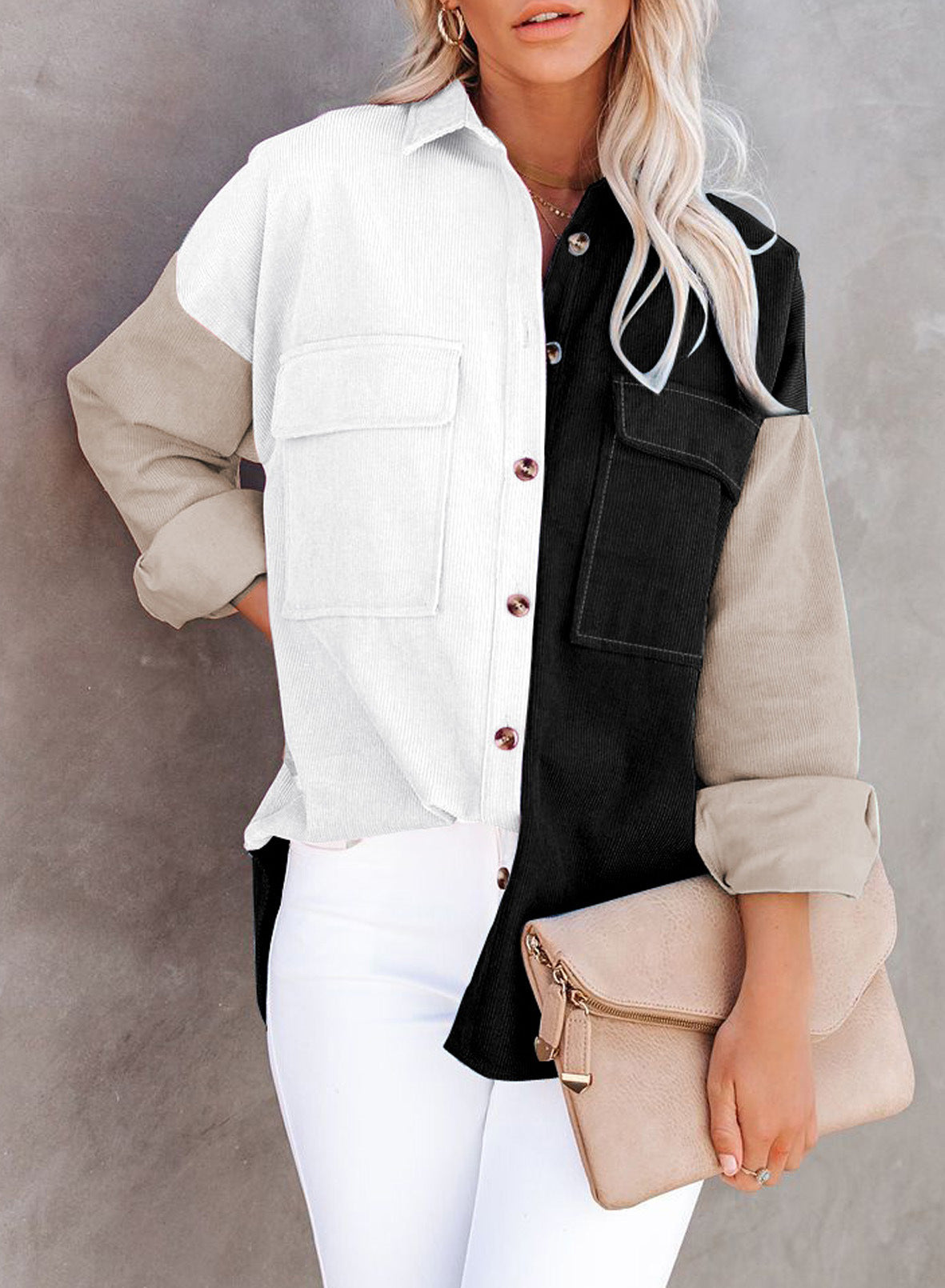 Contrast Corduroy-Breasted Loose Button Shirt